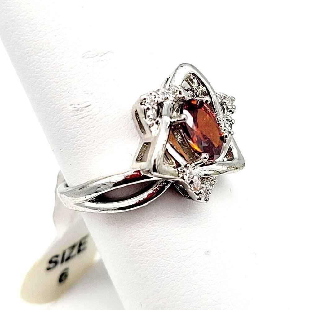 Sz 6 Star of David Ring Cubic Zirconia's Faux Rustic Red Oval Stone Silver Plate - Picture 2 of 8
